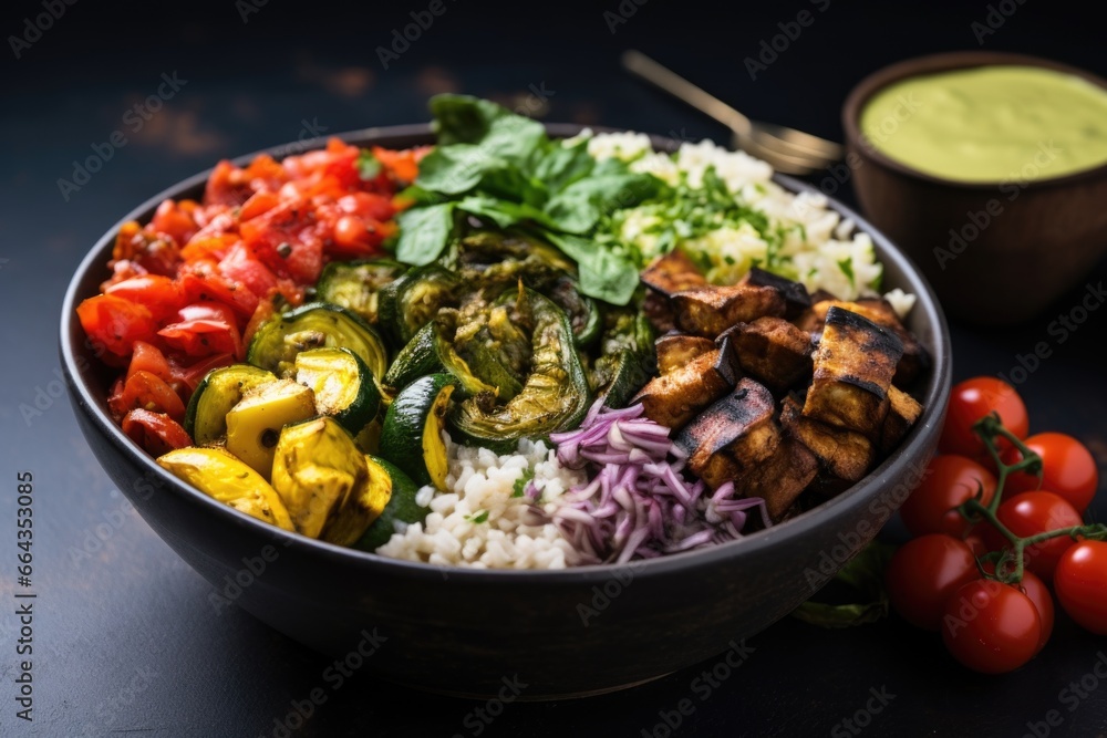 burrito bowl full of grilled veggies on a dark slate burrito bowl full of grilled veggies on a dark slate