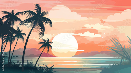Abstract landscape 07 Beach sunset in summer Mountain Minimalist style  Flat design  vanilla sky