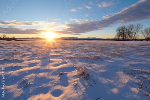 solstice sunset casting long shadows on a snow field