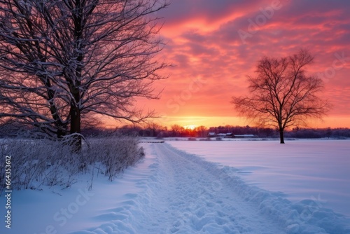 snowy path leading towards winter solstice sunset