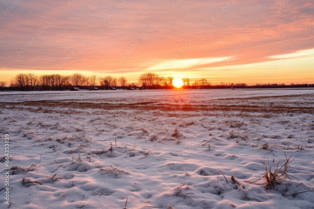 solstice sunset across a snow-dusted open field
