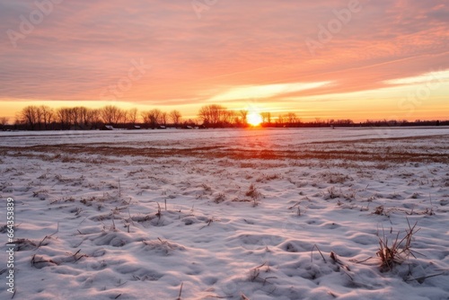 solstice sunset across a snow-dusted open field