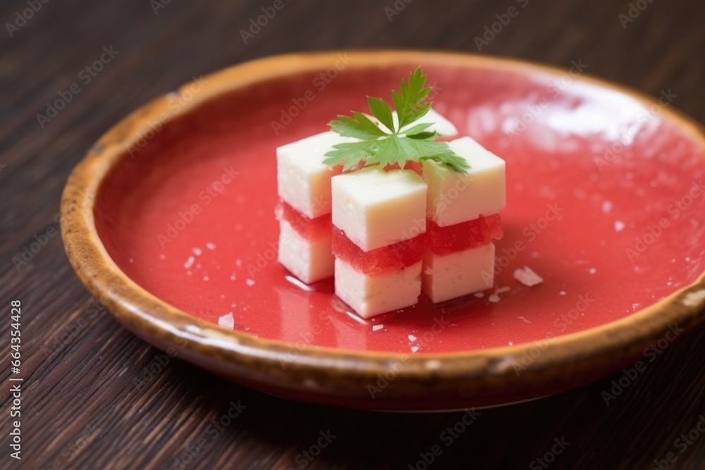 sight of bright red watermelon and white feta on a beige dish sight of bright red watermelon and white feta on a beige dish