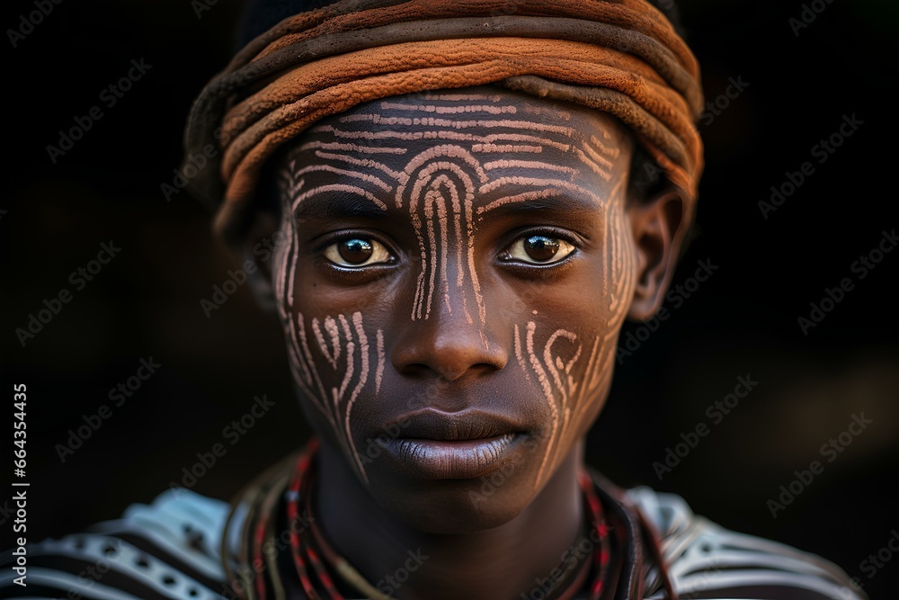 beauty and authenticity of an Africa Ethiopian young man from the Gambela region. Gambela region's traditional culture through his unique face marks. generative AI