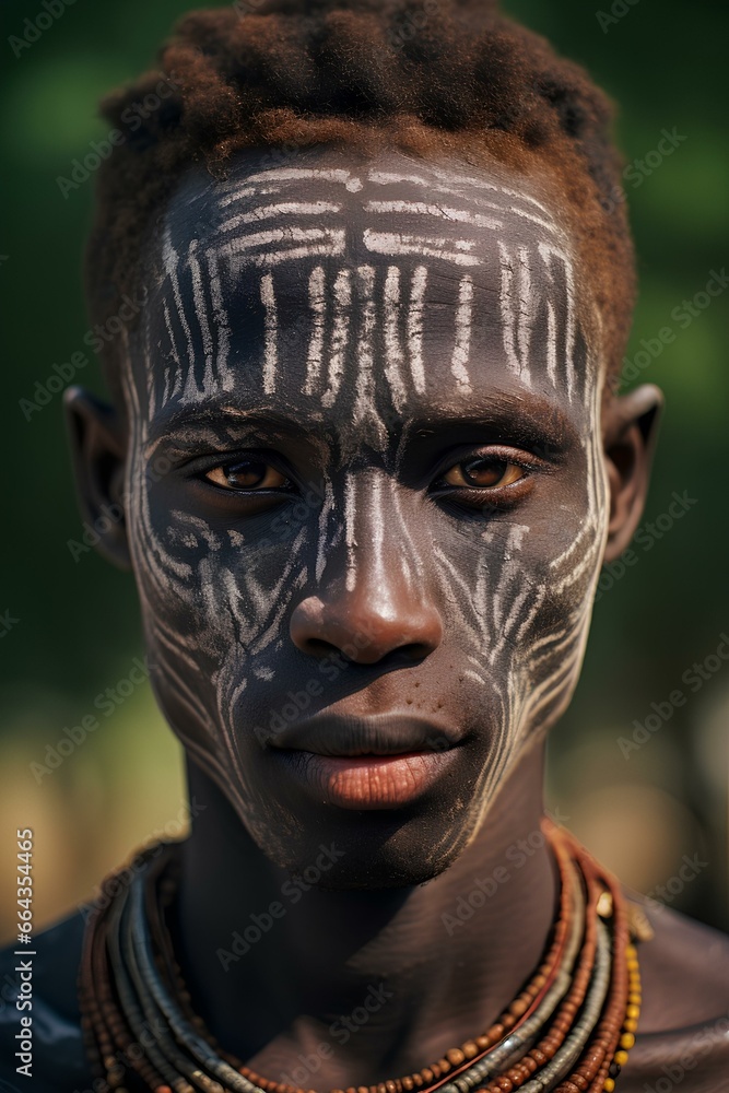 beauty and authenticity of an Africa Ethiopian young man from the Gambela region. Gambela region's traditional culture through his unique face marks. generative AI