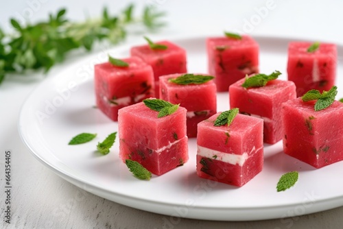 watermelon cubes interspersed with feta and a scattering of herbs on a white dish