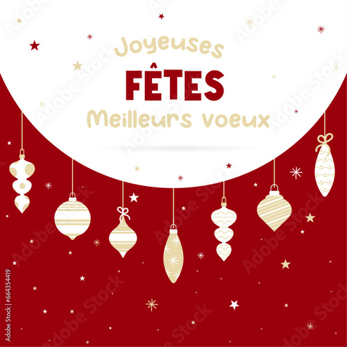 Illustration festive pour les fêtes de fin d'année - Joyeuses fêtes de Noël - Meilleurs vœux - Éléments vectoriels éditables - Boules de Noël - Flocons - Étoiles - Design élégant et moderne - Texte

