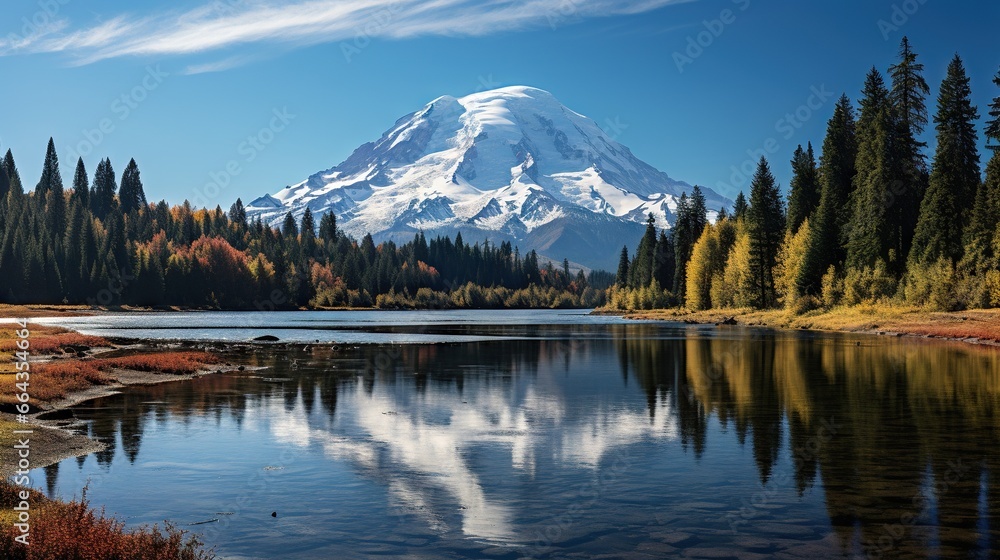  a mountain with a snow capped peak is reflected in a lake.  generative ai