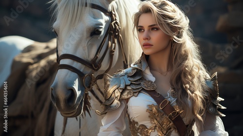A fantasy heroine in metal armor stands against the backdrop of a stone city with a white horse.