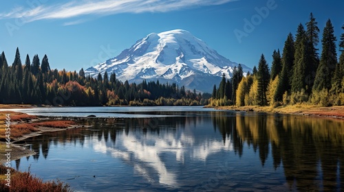  a mountain with a snow capped peak is reflected in a lake. generative ai