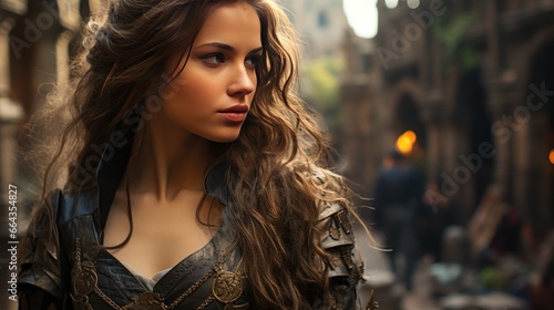 A fantasy heroine in metal armor stands against the backdrop of a stone city.