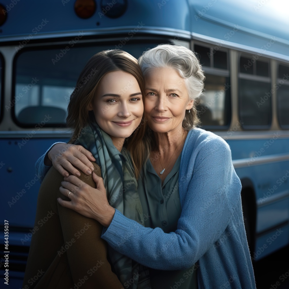 Sentimental Departure Mother and Daughter's Goodbye on the Blue Bus Sentimental Departure Mother and Daughter's Goodbye on the Blue Bus