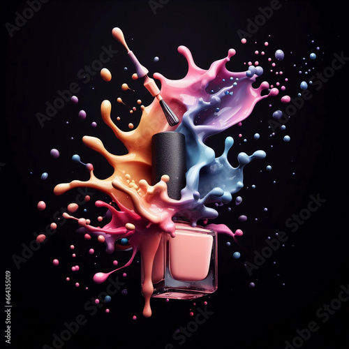 Colorful nail lacquer ads, nail polish splatter. Generative AI.
