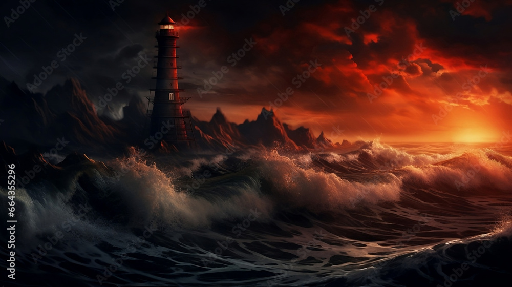 An abandoned haunted lighthouse at night during rough sea storm - obrazy, fototapety, plakaty 