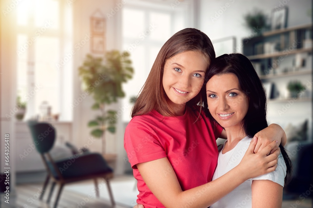 Teenage child hugging mother at home, AI generated image Teenage child hugging mother at home, AI generated image