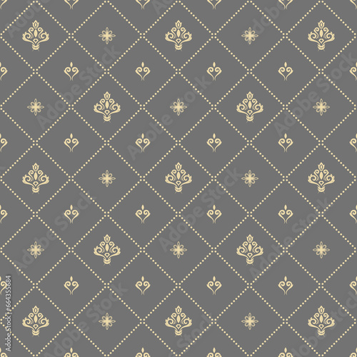 Seamless pattern. Modern geometric ornament with yellow royal lilies. Classic vintage background