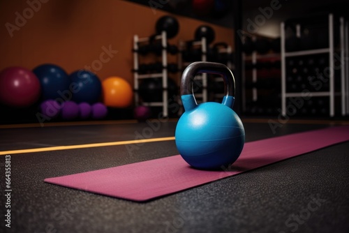 a rolled-up yoga mat next to a kettlebell