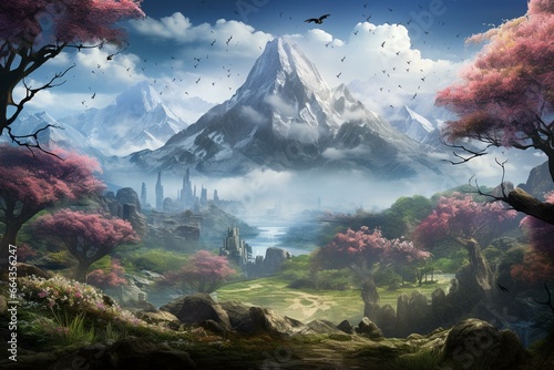 Scenic view of lush woods and towering mountains with remnants of an old society amidst blossoming nature in the springtime. Generative AI © Solana