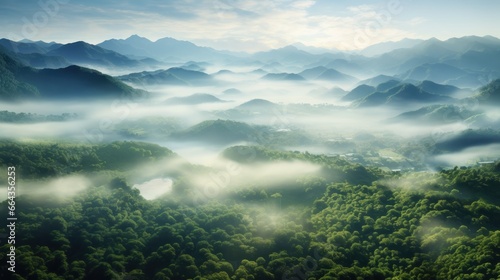 The image captures a foggy jungle landscape.