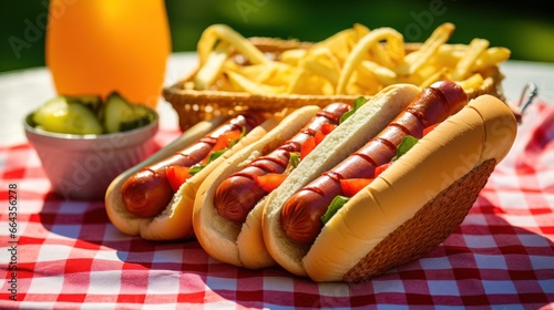 Grilled hot dogs with mustard, ketchup, and relish on a picnic table.
