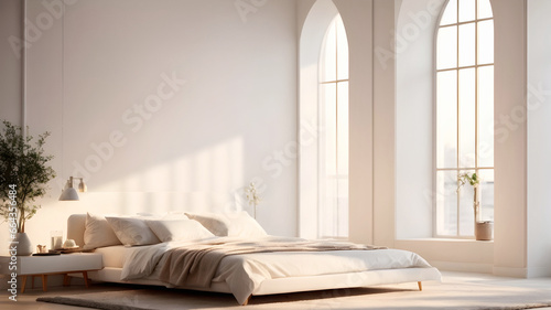 Simple interior design of modern bedroom with comfortable bed, plants, wooden floor, white wall and light pours from the large window. Minimalist home style with copy space