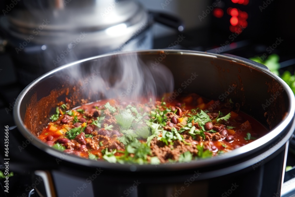 a mexican chili dish cooked in an instant pot, steam rising a mexican chili dish cooked in an instant pot, steam rising