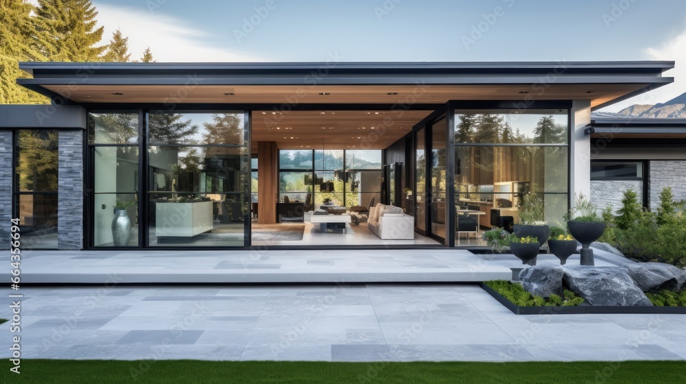 An aesthetic home entrance with large glass sliding doors and ample copy space.
