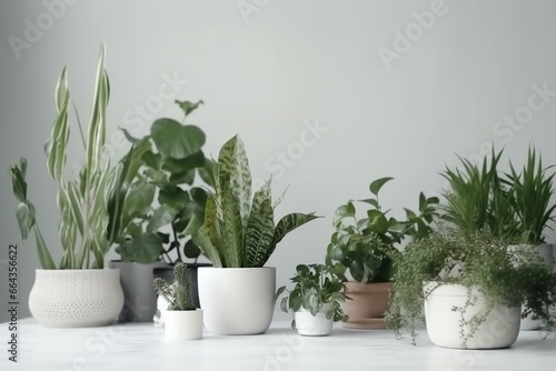 Mockup of house plants against a white wall. Group of green plants creating a healthy microclimate and purifying the air. Generative AI photo