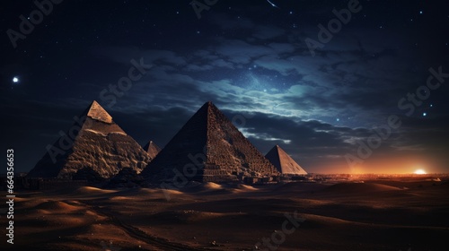  Pyramids of Giza in the moonlight at night in Egypt.