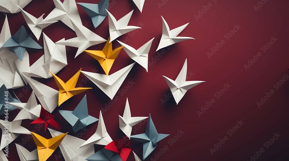 Origami paper birds on red background, 3d render illustration, Generative AI illustrations. Origami paper birds on red background, 3d render illustration, Generative AI illustrations.