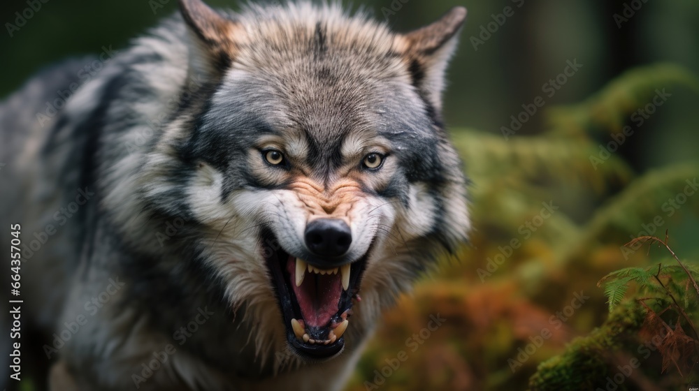 A close-up of a fierce gray wolf. A close-up of a fierce gray wolf.