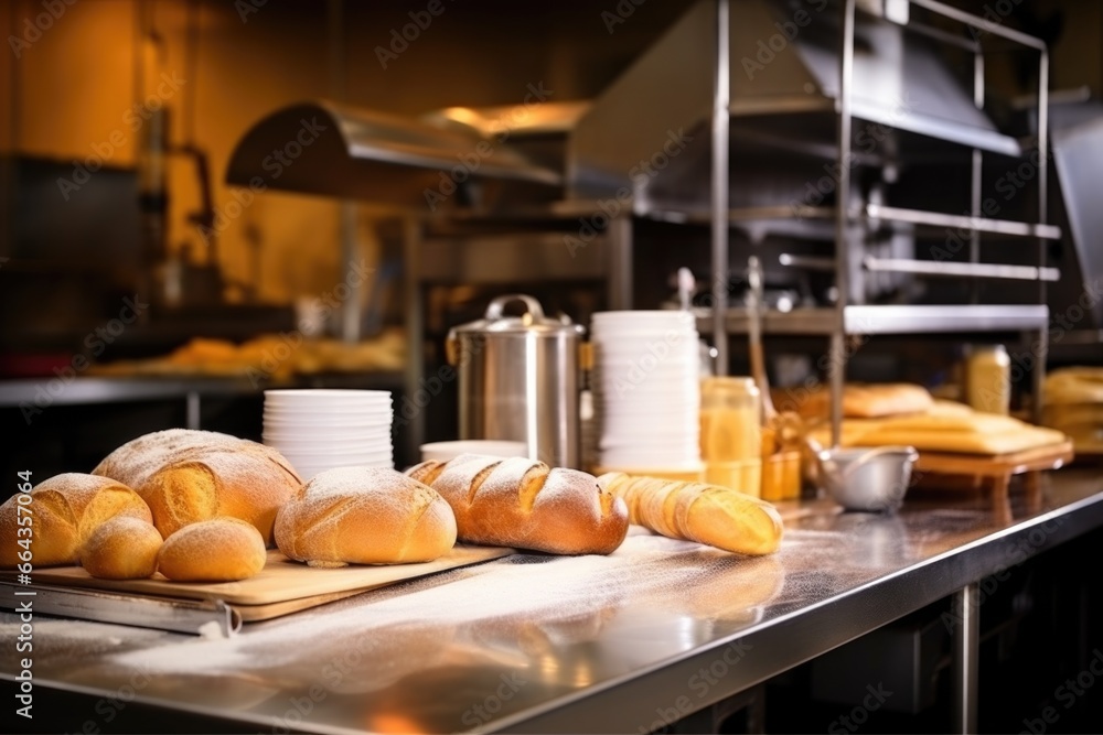 bakery equipment and loaves on bakery table bakery equipment and loaves on bakery table