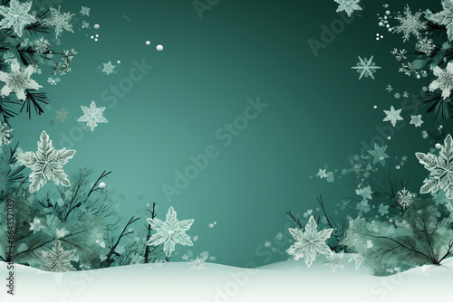 White snowflake print, ppt template, copy space, white and green background. AI generative