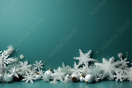 White snowflake print, ppt template, copy space, white and green background. AI generative