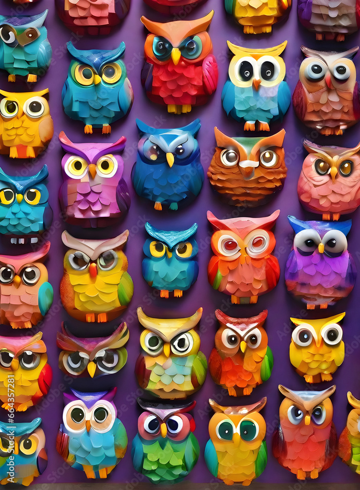 Colorful knolling 3D owls on painted background.