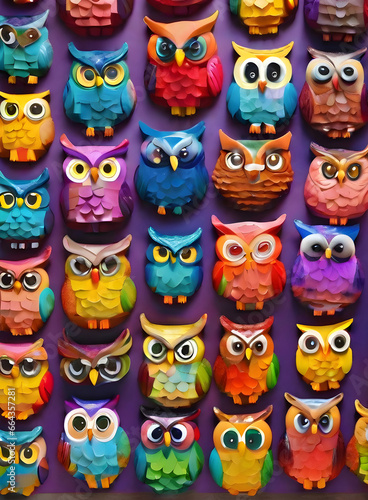 Colorful knolling 3D owls on painted background.