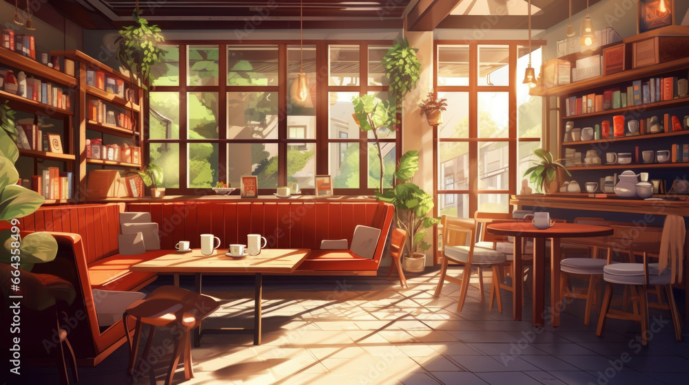 Cozy cafe interior with sofas and tables for quick lunch, angle view, panorama, copy space