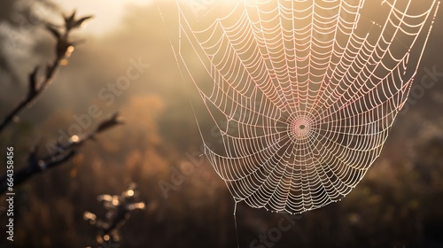  a spider web is hanging from a tree in the sun.  generative ai