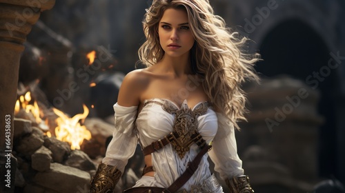 A fantasy heroine in metal armor stands against the backdrop of a stone city.