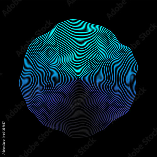 Abstract 3D sphere flowing light lines wave blue green gradient isolated on black background. Vector in concept of AI technology, science, music, modern.
