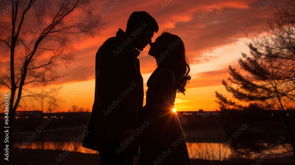 Silhouettes of a couple in love at sunset. As the sun sets on Valentine's Day, couples are silhouetted hugging against the bright sky, creating a captivating display of affection and connection.