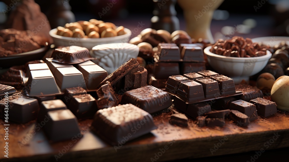 a wooden table topped with lots of chocolates and nuts. generative ai a wooden table topped with lots of chocolates and nuts. generative ai