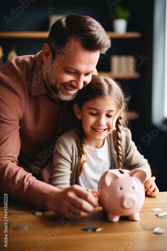 Daughter and father play piggy bank. Dad teaches his daughter to keep money in a piggy bank.