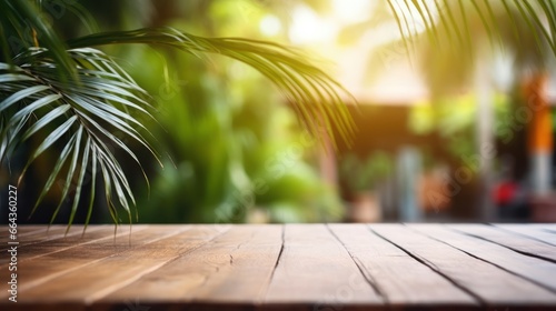 Top of a wooden table on a blurred background with a palm tree.
