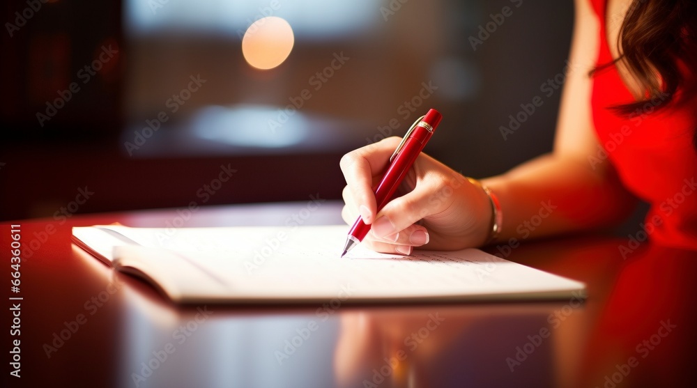 Mujer firmando un documento en un despacho con un bolígrafo rojo - obrazy, fototapety, plakaty 