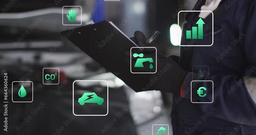 Animation of multiple icons over midsection of caucasian man writing in notepad Animation of multiple icons over midsection of caucasian man writing in notepad