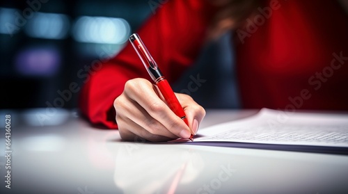 Mujer con un vestido rojo elegante firmando un documento en un despacho photo