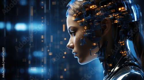 Profile portrait of an android robot girl with glowing data details in her brain