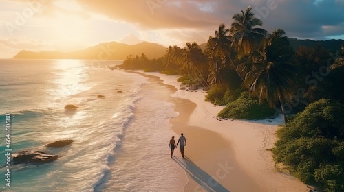 Couple man and woman walking on the beach of tropical island, at a luxury sunset. photo
