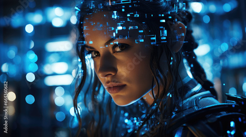 Face portrait of an android robot girl with glowing blue data details in her brain